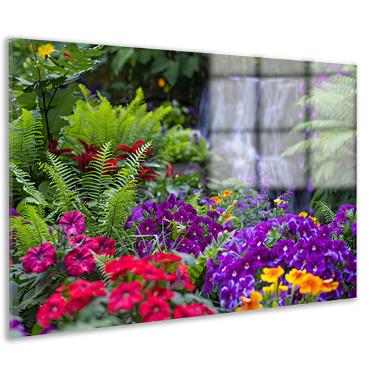 Levendige bloementuin met serene waterval acrylglas