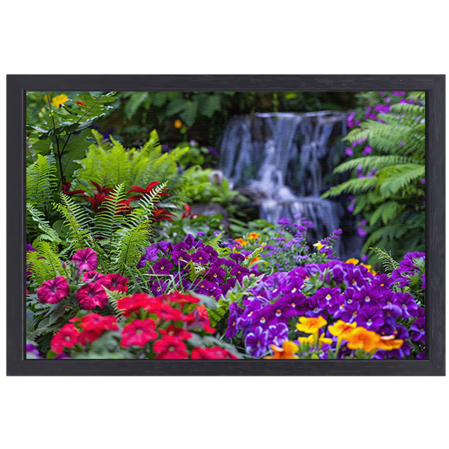 Levendige bloementuin met serene waterval canvas met baklijst