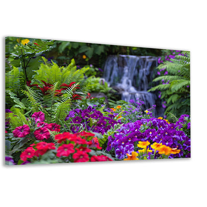 Levendige bloementuin met serene waterval canvas