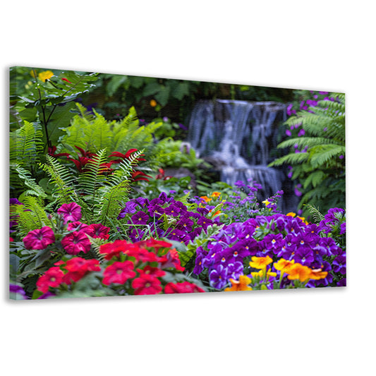 Levendige bloementuin met serene waterval canvas