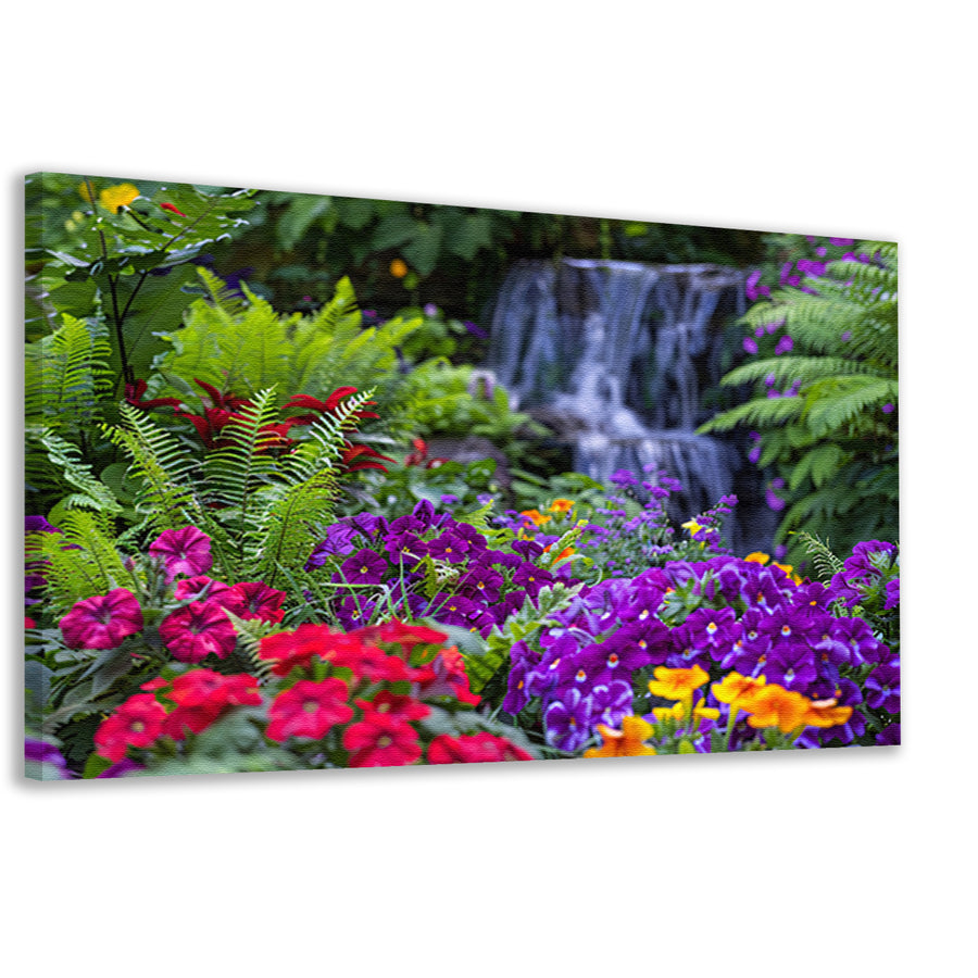 Levendige bloementuin met serene waterval canvas