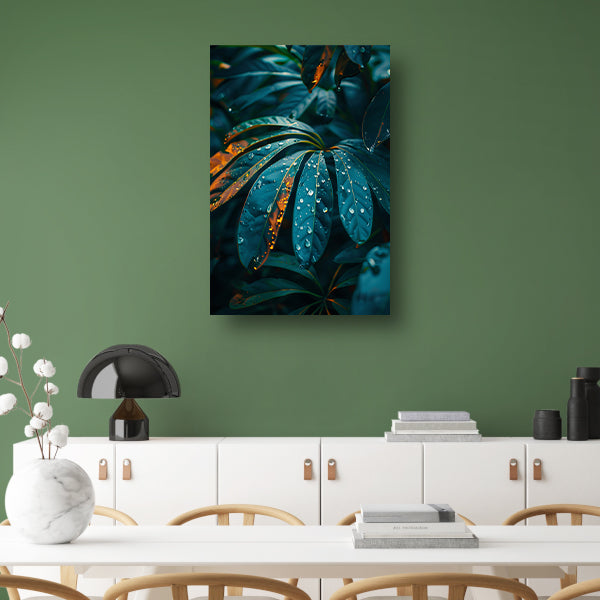 Groene plant met dauwdruppels in close-up canvas