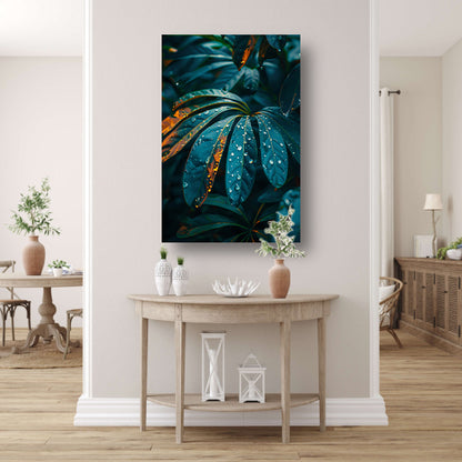 Groene plant met dauwdruppels in close-up canvas