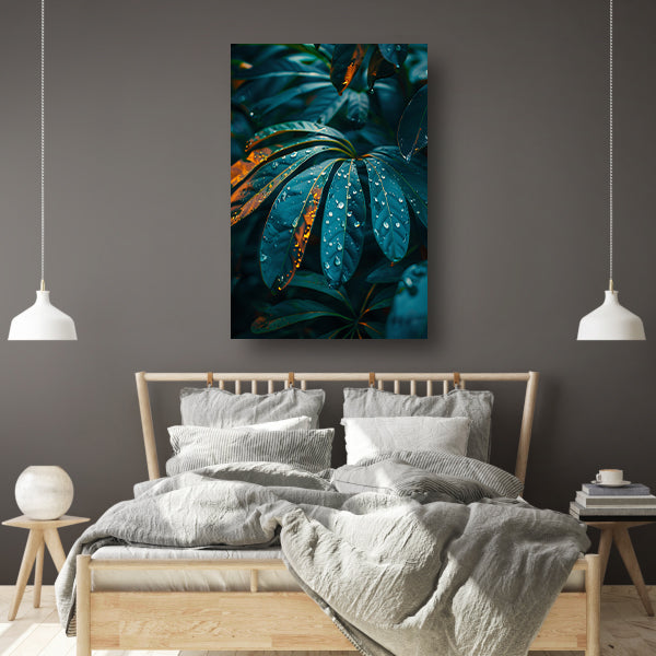 Groene plant met dauwdruppels in close-up canvas