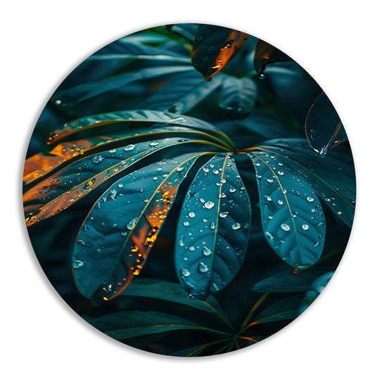 Groene plant met dauwdruppels in close-up aluminium muurcirkel