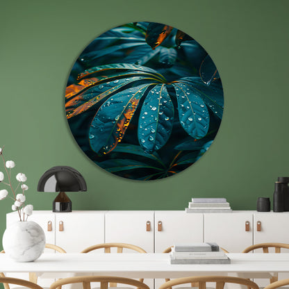 Groene plant met dauwdruppels in close-up aluminium muurcirkel