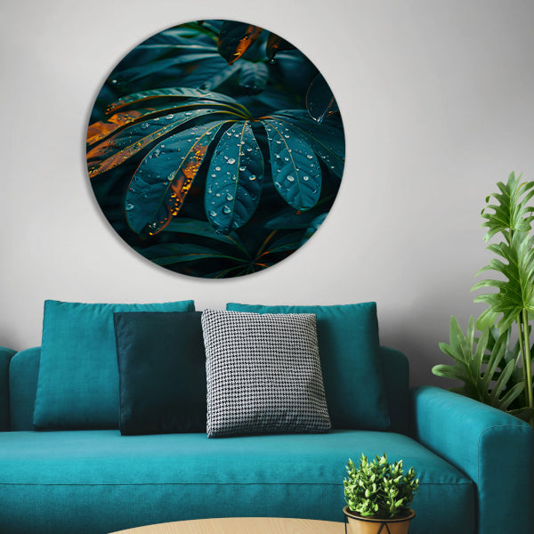 Groene plant met dauwdruppels in close-up aluminium muurcirkel