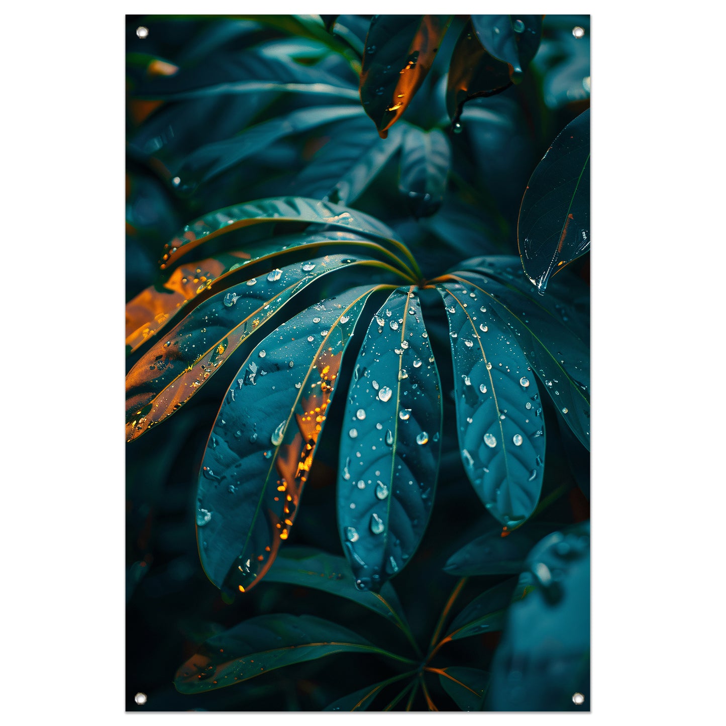 Groene plant met dauwdruppels in close-up tuinposter