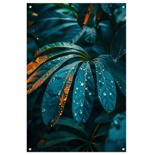 Groene plant met dauwdruppels in close-up tuinposter