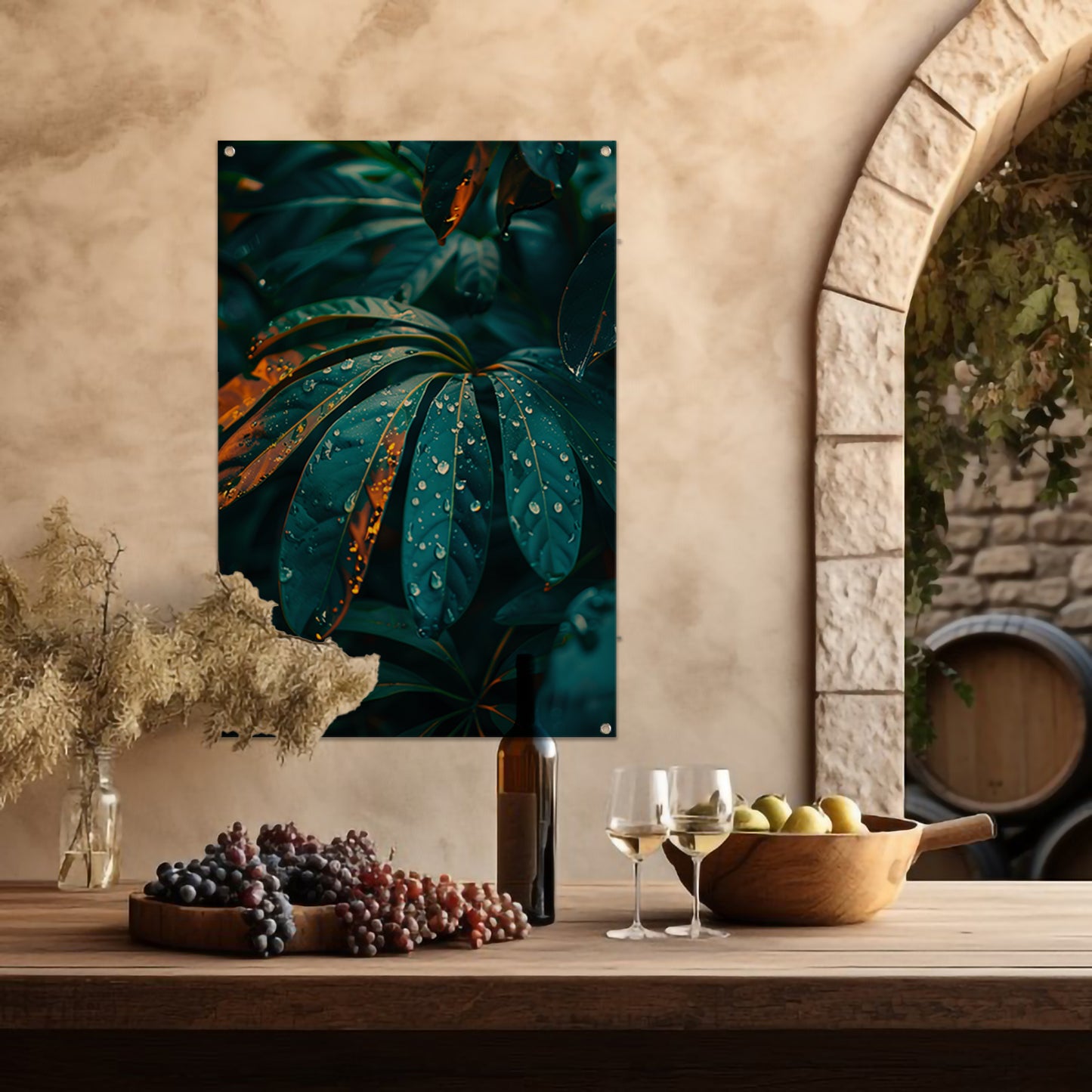 Groene plant met dauwdruppels in close-up tuinposter