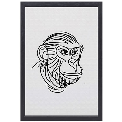 Minimalistische zwart-witte aap tekening canvas met baklijst