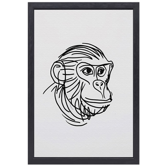 Minimalistische zwart-witte aap tekening canvas met baklijst