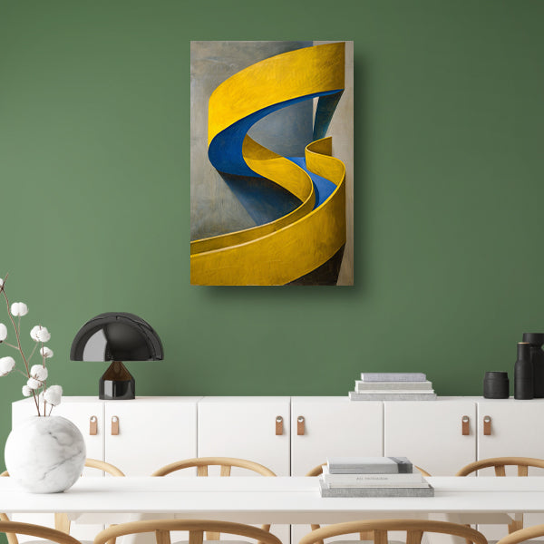 Geel-Blauw Abstract Kunstwerk met Slakvorm canvas met baklijst