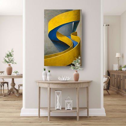 Geel-Blauw Abstract Kunstwerk met Slakvorm canvas met baklijst