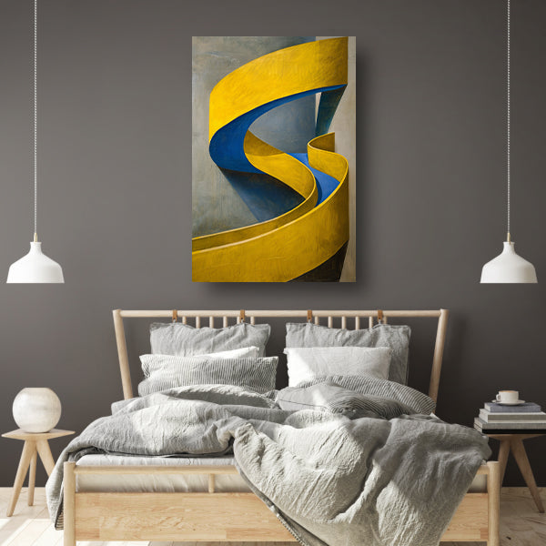 Geel-Blauw Abstract Kunstwerk met Slakvorm canvas met baklijst