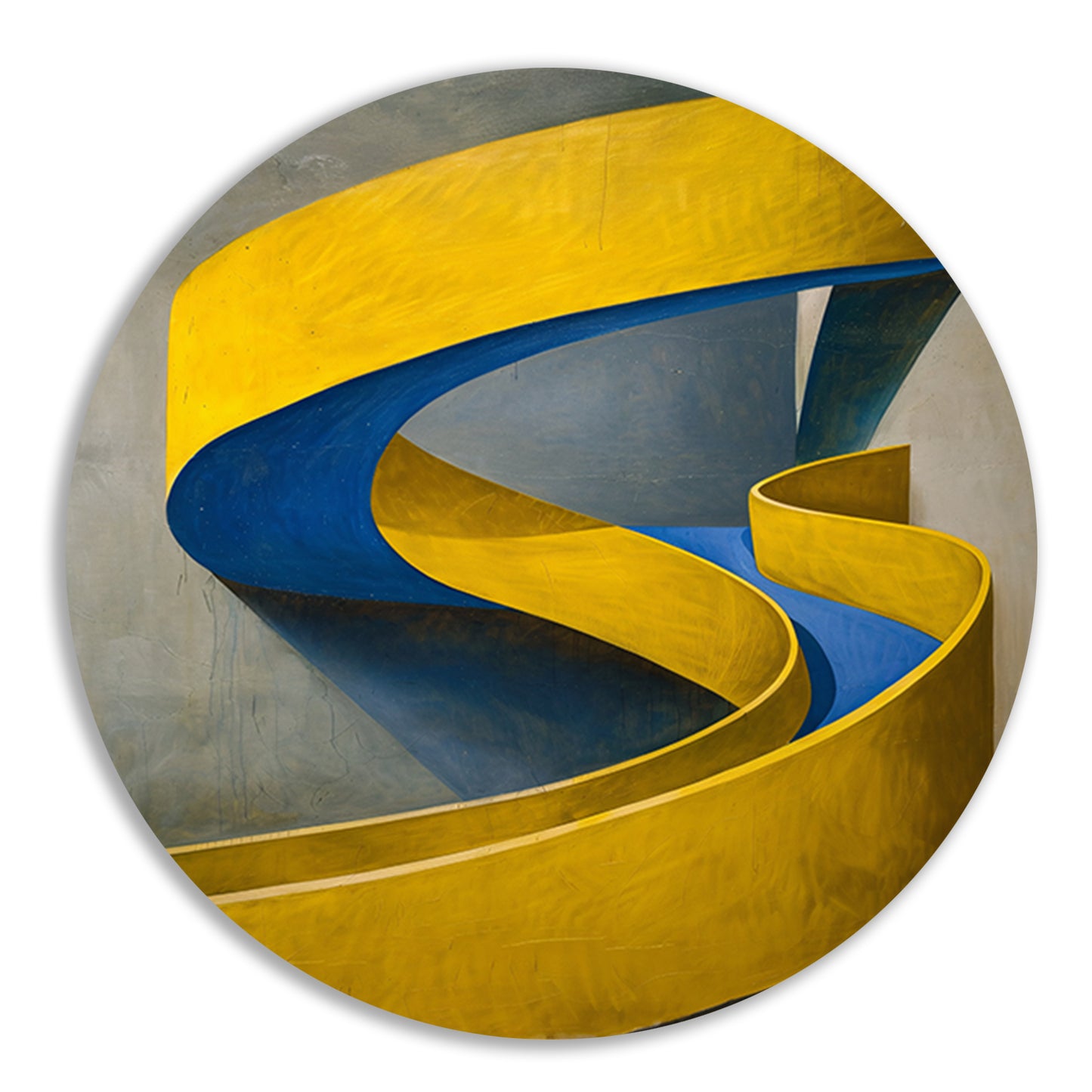 Geel-Blauw Abstract Kunstwerk met Slakvorm aluminium muurcirkel