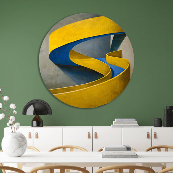 Geel-Blauw Abstract Kunstwerk met Slakvorm aluminium muurcirkel