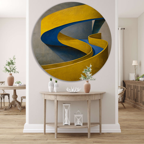 Geel-Blauw Abstract Kunstwerk met Slakvorm aluminium muurcirkel
