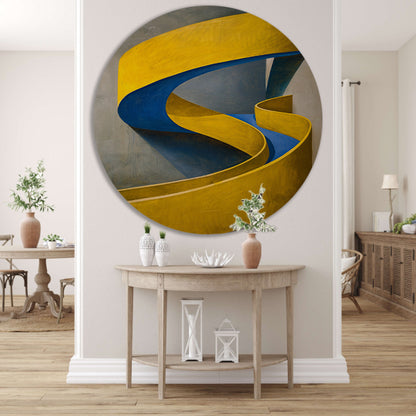 Geel-Blauw Abstract Kunstwerk met Slakvorm aluminium muurcirkel