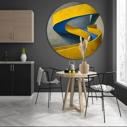 Geel-Blauw Abstract Kunstwerk met Slakvorm aluminium muurcirkel