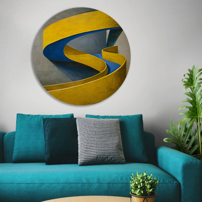 Geel-Blauw Abstract Kunstwerk met Slakvorm aluminium muurcirkel