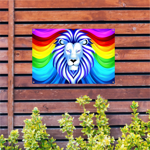 Kleurrijke abstracte leeuw met regenboog manen tuinposter