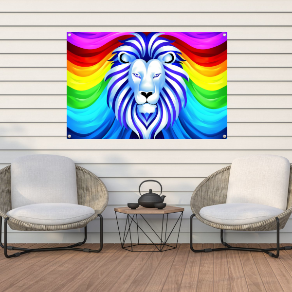 Kleurrijke abstracte leeuw met regenboog manen tuinposter