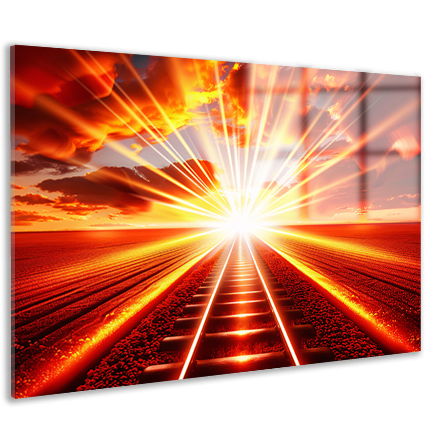 Dramatisch verlicht treinspoor bij zonsondergang acrylglas
