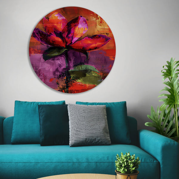 Kleurrijk abstract bloemenontwerp met levendige tinten aluminium muurcirkel