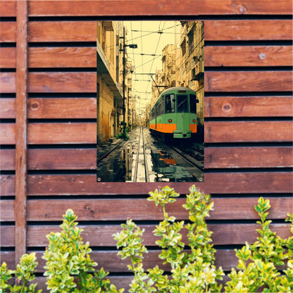 Groene tram in de stad tuinposter