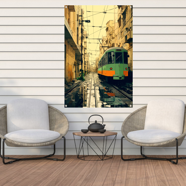 Groene tram in de stad tuinposter