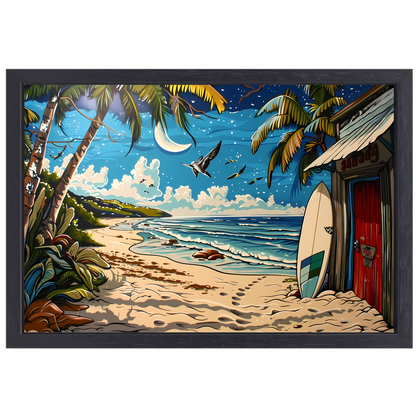 Nachtelijk strand met palmboom canvas met baklijst