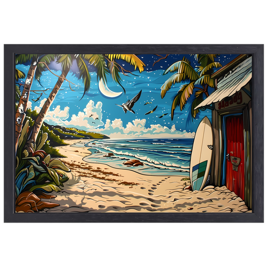 Nachtelijk strand met palmboom canvas met baklijst