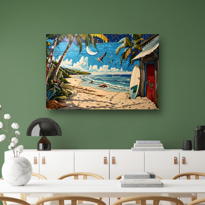 Nachtelijk strand met palmboom canvas met baklijst