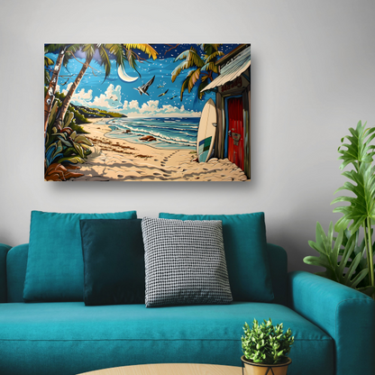 Nachtelijk strand met palmboom canvas met baklijst