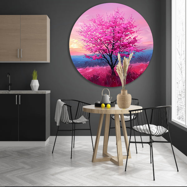 Kleurrijke Boom bij Expressieve Zonsondergang aluminium muurcirkel