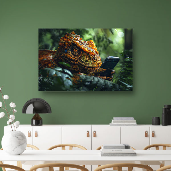 Dinosaurus met smartphone in het bos canvas