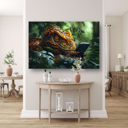 Dinosaurus met smartphone in het bos canvas