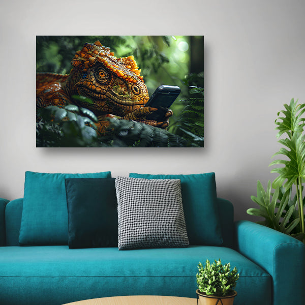 Dinosaurus met smartphone in het bos canvas