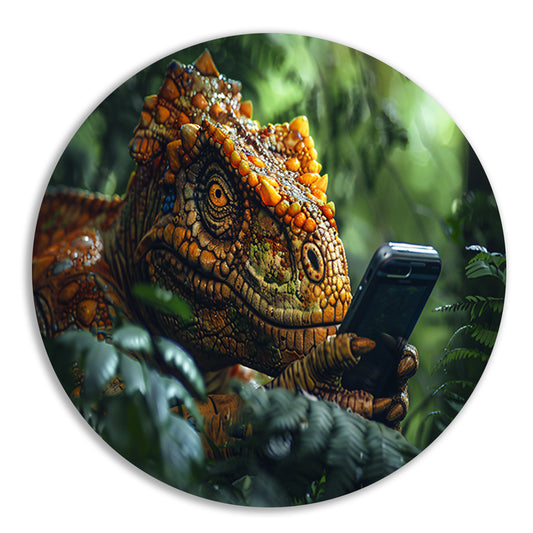 Dinosaurus met smartphone in het bos aluminium muurcirkel