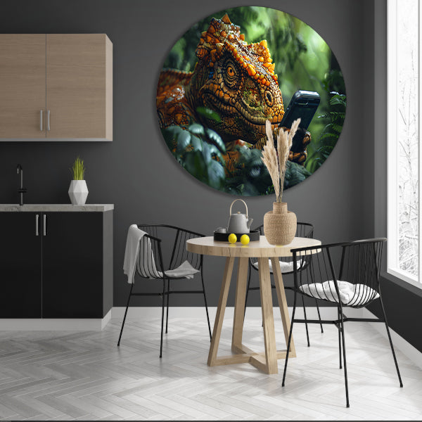 Dinosaurus met smartphone in het bos aluminium muurcirkel