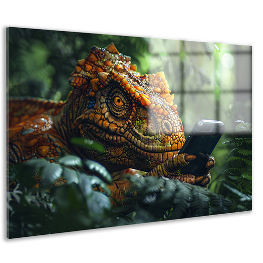 Dinosaurus met smartphone in het bos acrylglas