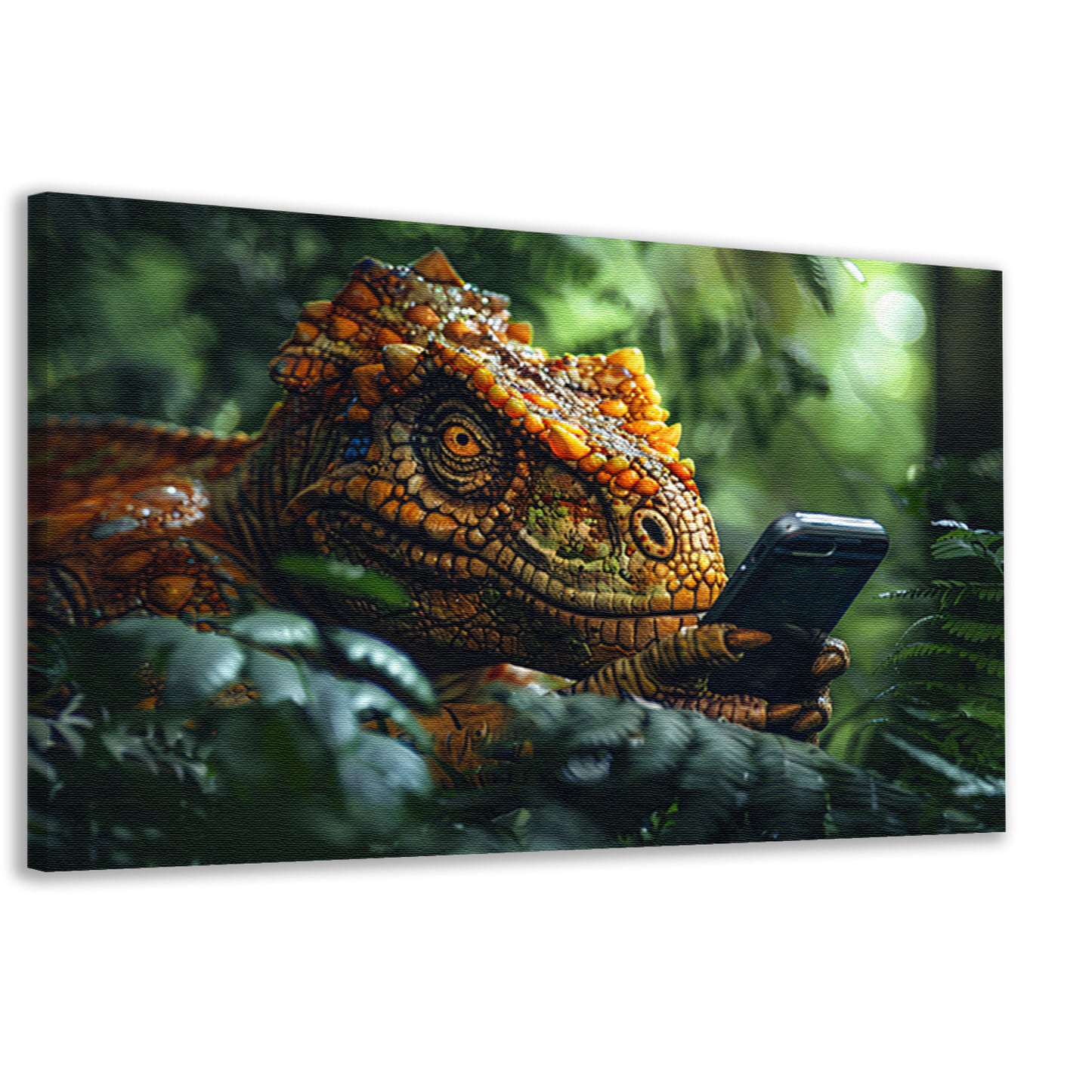 Dinosaurus met smartphone in het bos canvas