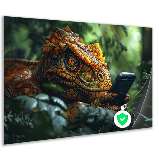 Dinosaurus met smartphone in het bos poster