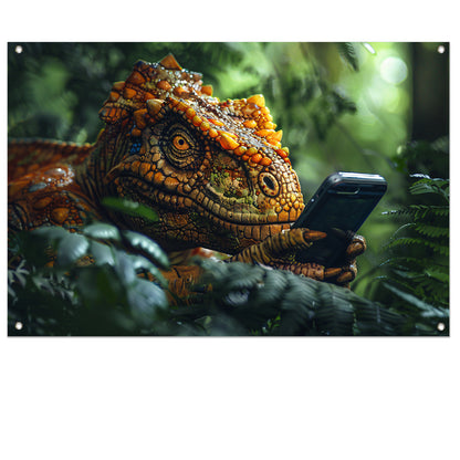 Dinosaurus met smartphone in het bos tuinposter