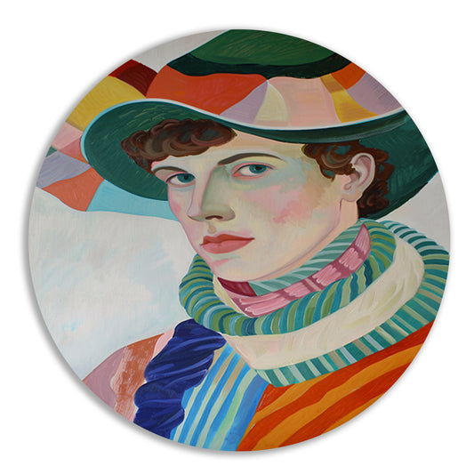Surrealistisch portret met kleurrijke accessoires aluminium muurcirkel