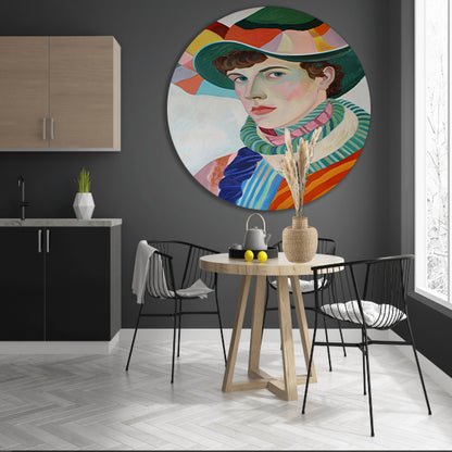 Surrealistisch portret met kleurrijke accessoires aluminium muurcirkel