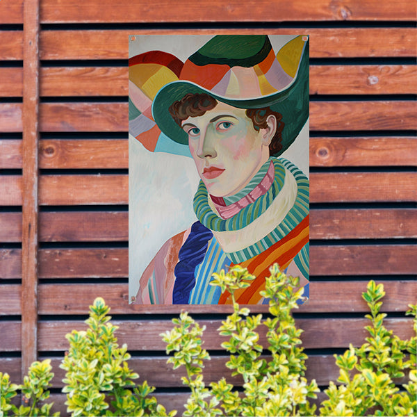 Surrealistisch portret met kleurrijke accessoires tuinposter