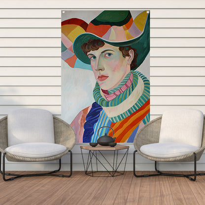 Surrealistisch portret met kleurrijke accessoires tuinposter