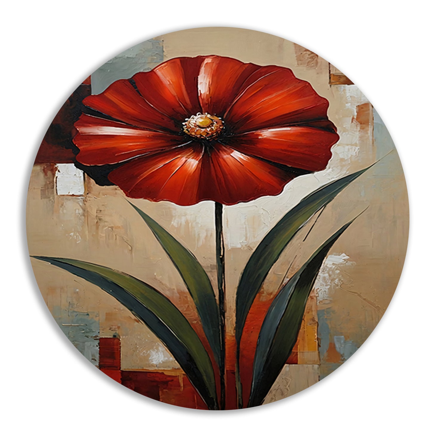 Groot Rood Bloem Canvas in Olieverf Stijl aluminium muurcirkel